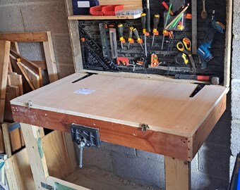 Bespoke Custom Built Fold Down Workbench with Pegboard/Hanger and Hooks/Tool Storage/Woodworking/Solid/Plywood/Vice/Shelf/Light/Wall Mount