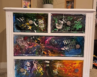 Age of Rage - Abstract Handpainted Unique Chest of Drawers/Multi-Coloured/White Acrylic Paint 3 Drawer Solid Spacious Pine Set. Emotional.
