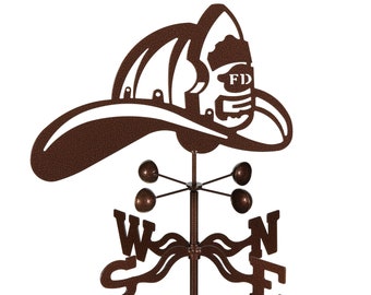 May include: A brown metal firefighter hat weather vane with a compass rose and four bells. The hat has the letters "FD" on the front.