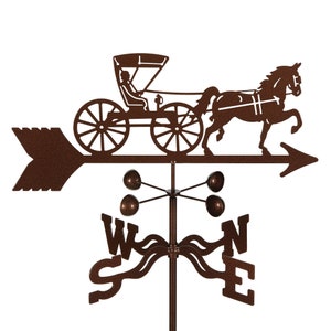 May include: A brown metal horse-drawn carriage weather vane with a compass rose and four bells. The carriage is facing right and the horse is trotting. The weather vane is mounted on a metal pole.