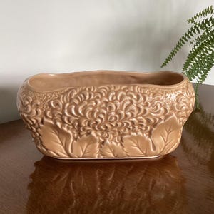 May include: A light brown ceramic planter with a raised floral design. The planter is oval shaped and has a smooth, glossy finish.