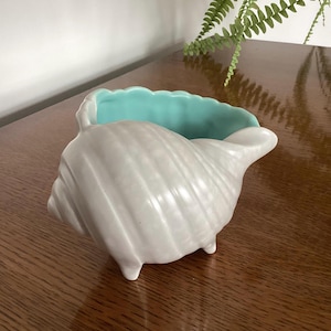 May include: A ceramic seashell planter, white on the outside with a turquoise interior. The planter has a scalloped rim and stands on three small feet. The shell design features textured, curved lines.