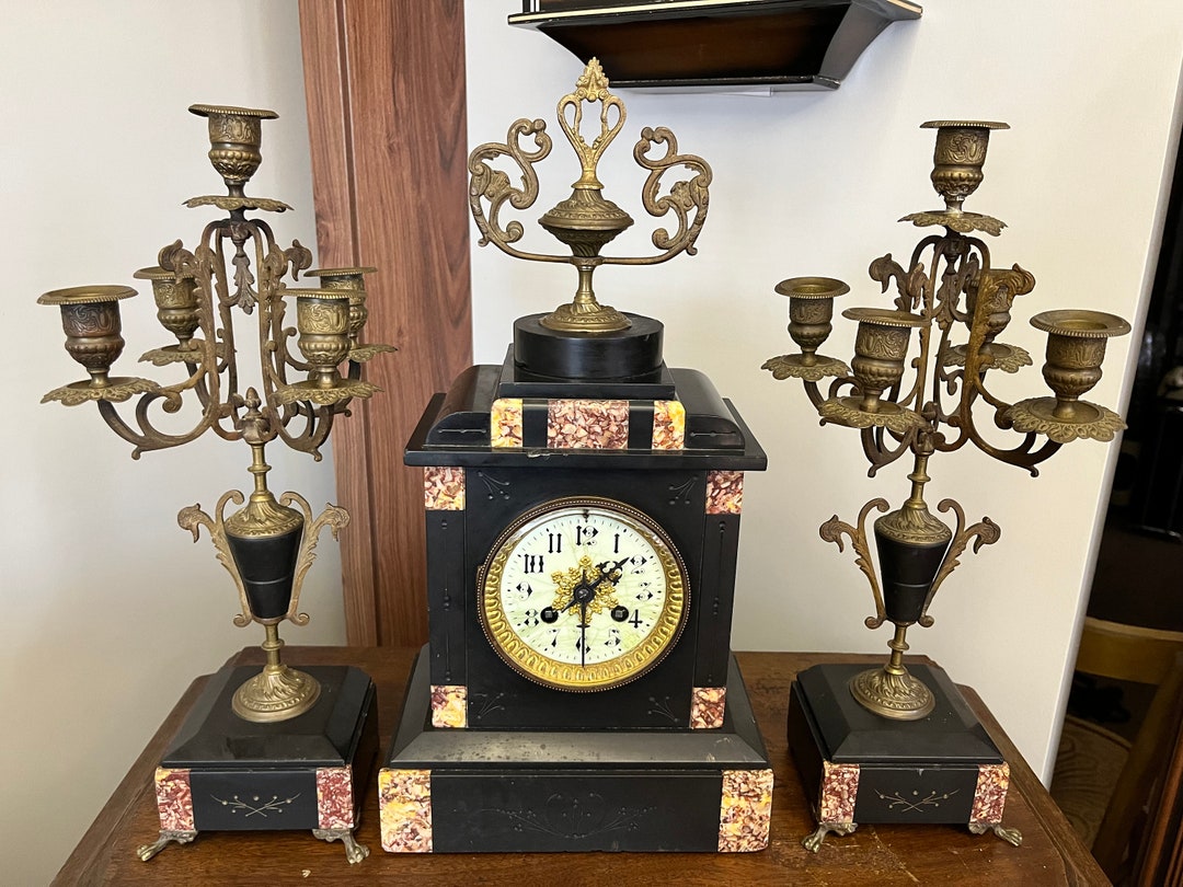 Vintage Marble Clock and Candlestick Set Etsy