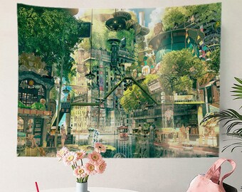 Japanese Anime Tapestry,Forest City Tapestry,Fantasy Wall Tapestry,Market Tapestry Fabric,Bedroom Tapestry,Picture on Wall,Tapestry for Home