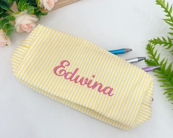 Embroidery Yellow Pencil Case, Personalized Pencil Bag with Zipper, Custom Pencil Pouch With Name, Unique Gifts for Students, Custom Gifts