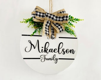 Front Door Decor, Custom Last Name/Family Wood Sign, Personalized Front Door Hanger, Door Wood Wreath, Bow Greenery Sign, Housewarming Gift