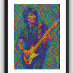 Ronnie Wood Inspired Psychedelic Wall Artwork Painting Display Rolling Stones Guitar.