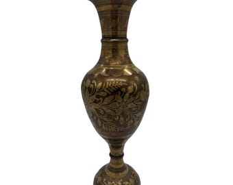 Vintage India Hand Crafted Gold Brass Vase 16" inches Tall, VTG