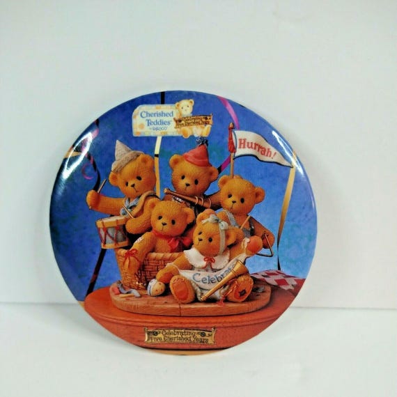 Cherished Teddies Pinback Button Pin Celebrating Five Cherished Years