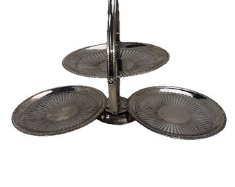 VTG Folding Tray Silver Plate 3 Tier Scalloped Shell Centerpiece Dish England