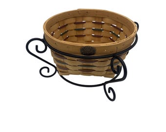 Vintage Peterboro Basket Wrought Iron Scroll Stand 10" Round Red Green Accent