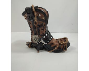 Western Vintage Ceramic Cowboy Boot Wine Holder   Figure Statue  H9"