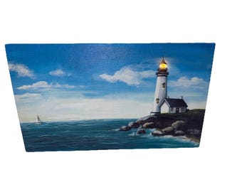 Light Up Lighthouse Canvas Wall Art – Battery Powered LED Nautical Decor