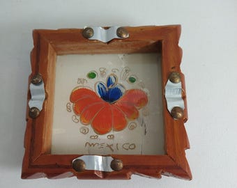 Vintage Hand Carved Wood and Mexican Glass Ashtray