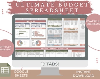 Może przedstawiać: Ekran komputera wyświetlający arkusz kalkulacyjny Google Sheets z tytułem "Ultimate Budget Spreadsheet". Arkusz kalkulacyjny został zaprojektowany do budżetowania i zawiera karty dla dochodów, wydatków i innych informacji finansowych. Arkusz kalkulacyjny ma nowoczesny design z kolorystyką zieleni, brązu i różu.