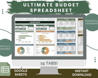 Może przedstawiać: Ekran komputera wyświetlający arkusz kalkulacyjny Google Sheets z tytułem "Ultimate Budget Spreadsheet". Arkusz kalkulacyjny został zaprojektowany, aby pomóc użytkownikom w śledzeniu swoich dochodów, wydatków i oszczędności. Arkusz kalkulacyjny zawiera 19 zakładek, w tym "Styczeń", "Dochody", "Darowizny" i "Oszczędności". Arkusz kalkulacyjny został zaprojektowany w zielono-brązowej kolorystyce. Tekst "Powerfully Engineered" i "Artfully Designed" jest wyświetlany na ekranie.