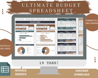 Może przedstawiać: Monitor komputera wyświetla arkusz kalkulacyjny budżetu zatytułowany "ULTIMATE BUDGET SPREADSHEET". Ekran pokazuje kategorie budżetowe, porównania dochodów i podziały wydatków. Tekst zawiera "JANUARY", "GOOGLE SHEETS" i "INSTANT DOWNLOAD".
