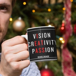 Visie creativiteit passie witte 11oz keramische mok cadeau, grappig, voor hem, thee, koffie.