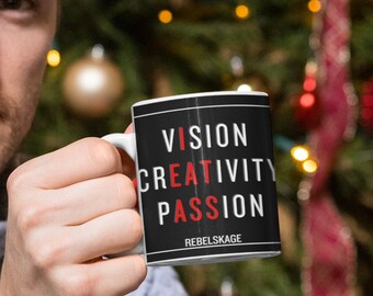 Vision Creativity Passion White 11oz Ceramic Mug Gift, Funny, For Him, Tea, Coffee.