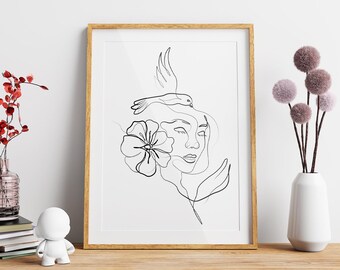 Minimalist Woman Face Line Art Print | Floral Bird Drawing (SVG)