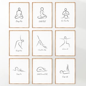 Set yogahoudingen kunst aan de muur, yogahoudingen, spiritueel decor, yogahoudingen zeer fijne tekeningen, yoga afdrukbare muurkunst, yogales poster, meditatie poster