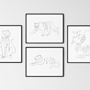 Tiger nursery wall art, Tiger decor, Tiger prints, Tiger wall art, Set of 4 nursery prints, Minimalist kids room wall decor, OneLine Drawing