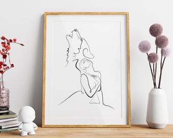 Minimalist Wolf Line Art Print | Scandinavian Wall Decor (Digital Download)