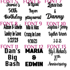 May include: A digital image of 10 different fonts, each with a different design and text. The fonts are numbered 5 through 13. The text includes names, dates, and phrases like "Jamie's 50th Birthday", "It's Official! They are getting married!" and "Lucky in Love 1/27/23".
