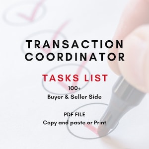 May include: A checklist with a red checkmark next to the text "TASKS LIST" and the words "100+ Buyer & Seller Side" below. The text "PDF FILE" is below that, with the words "Copy and paste or Print" below that. A hand is holding a black marker and is about to check off the box next to the text "Copy and paste or Print".
