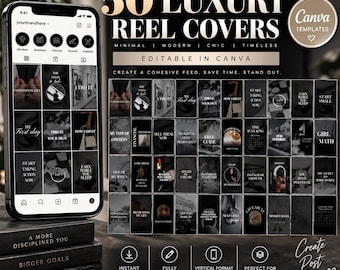 May include: A digital product display featuring 50 luxury Instagram reel covers in a dark, moody aesthetic. The image shows a smartphone screen with a grid of templates and a collection of individual vertical designs with text overlays in Canva.