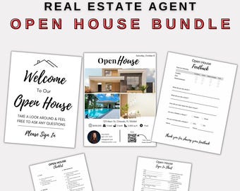 May include: A set of printable open house real estate agent forms. The forms include a welcome sign, an open house checklist, a sign-in sheet, and an open house feedback form.