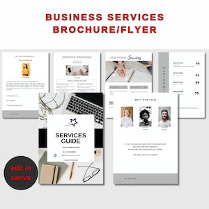 May include: A black and white brochure with a star design and the text "Services Guide" on the cover. The brochure is for a business that provides services such as translation, coordination, and additional services. The brochure also includes a section for testimonials and a section to meet the team.