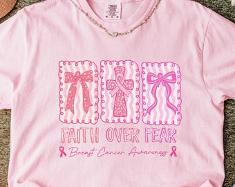 Faith Over Fear Breast Cancer Awareness Tee, Christian Pink Ribbon Shirt, Breast Cancer Survivor, Cancer Support Shirt, Pink Cross Shirt