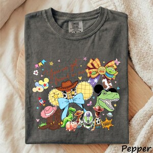 A gray t-shirt with a colorful graphic design featuring various characters from the Toy Story franchise, including Woody, Buzz Lightyear, and other beloved characters.