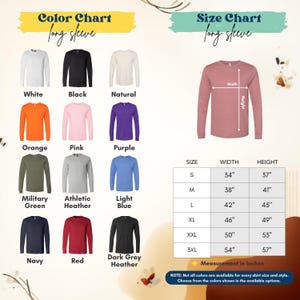 The image is a color chart and size chart for long sleeves, displaying various long sleeve shirts in different colors and sizes.
