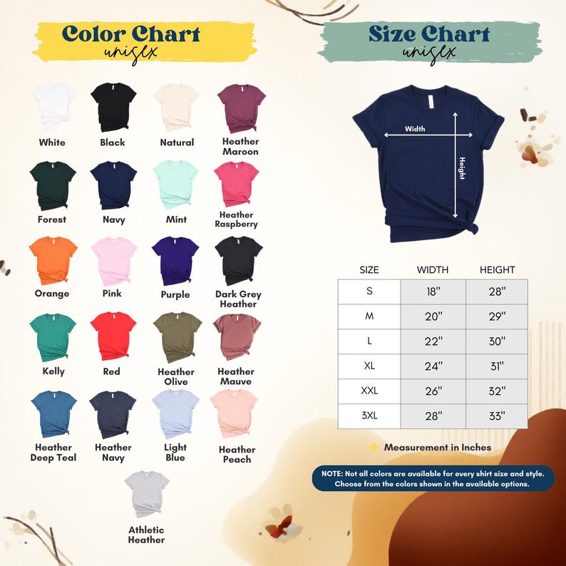 The image is a color chart and size chart for a variety of t-shirt designs, including different colors and sizes. The chart provides a visual representation of the available color options and corresponding measurements for each design.