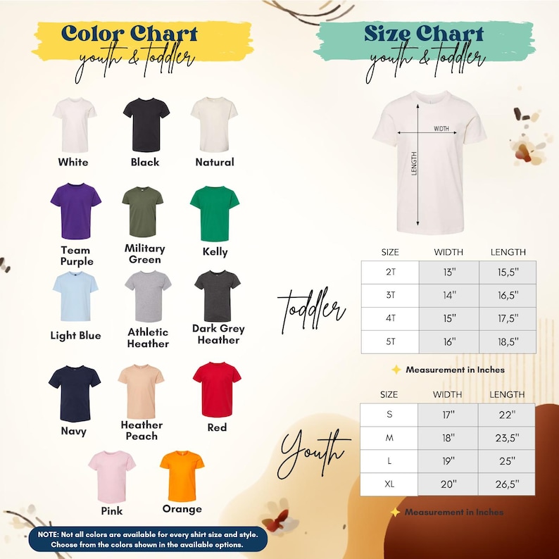 The image is a color chart and size chart for youth and toddler clothing, displaying various shirt colors and corresponding measurements for different age groups.