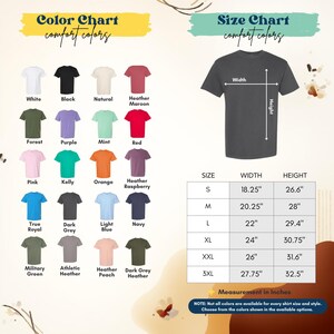 The image is a color chart and size chart for a variety of t-shirt designs, providing color options and corresponding measurements for each design.