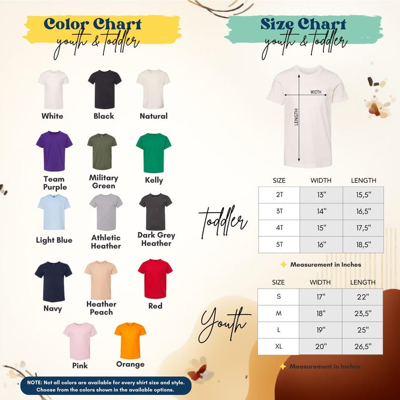 The image is a color chart and size chart for youth and toddler clothing, displaying various shirt colors and corresponding measurements for different age groups.