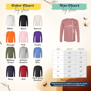 The image is a color chart and size chart for long sleeves, displaying various long sleeve shirts in different colors and sizes.