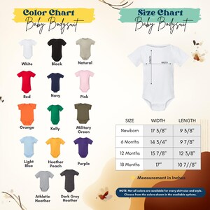 The image is a color chart and size chart for baby bodysuits, displaying various color options and corresponding measurements for different age groups.