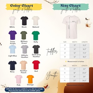 The image is a color chart and size chart for youth and toddler clothing, displaying various shirt colors and corresponding measurements for different age groups.