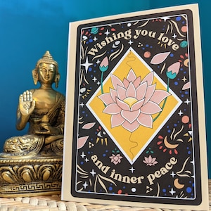 Cartão de aniversário espiritual, mensagem de afirmação de paz interior, saudações zen para mulheres budistas, flor de lótus, 7x5"