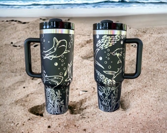 Shark Laser Engraved Tumbler, Insulated Stainless Steel Cup with Handle, Customizable with Name