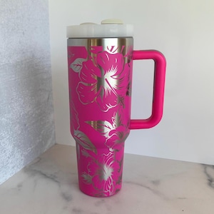 Beautiful Hibiscus 30 oz or 40 oz Stainless Steel Insulated Tumbler with Handle, Laser Engraved tumbler, birthday gift for him/her