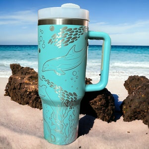 Dolphins 30 oz or 40 oz Stainless Steel Insulated Tumbler with Handle, Laser Engraved tumbler, personalized, birthday gift for him/her