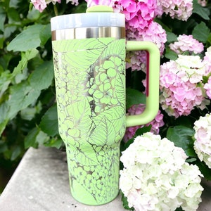 Hydrangeas 30 oz or 40 oz Stainless Steel Insulated Tumbler with Handle, Laser Engraved tumbler with name, birthday gift for him/her