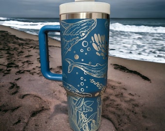 Whale Laser Engraved Tumbler, Insulated Stainless Steel Cup with Handle, Customizable with Name