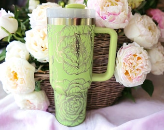Peonies Laser Engraved Tumbler, Insulated Stainless Steel Cup with Handle, Customizable with Name