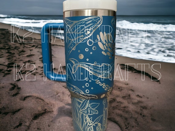 Whale Design, 40oz Tumbler With Handle, Lid, Straw, Laser Engraved Tumbler,  Stanley Quencher, Non Brand, Personalized, Stanley Tumbler 